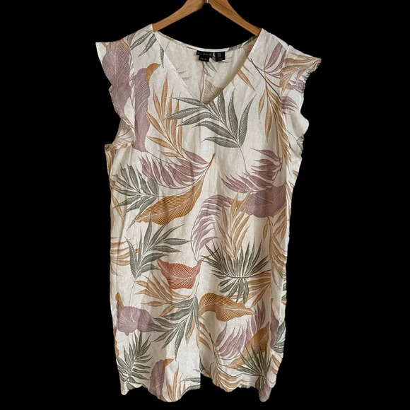 Tahari Womens plus size 1X 100% Linen Tropical Print Shift Dress Ruffle Sleeve - Picture 4 of 6